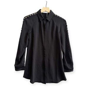 NWT, Anne Fontaine Lutine Long‎ Sleeve Blouse with eyelets, black, Size 36EU